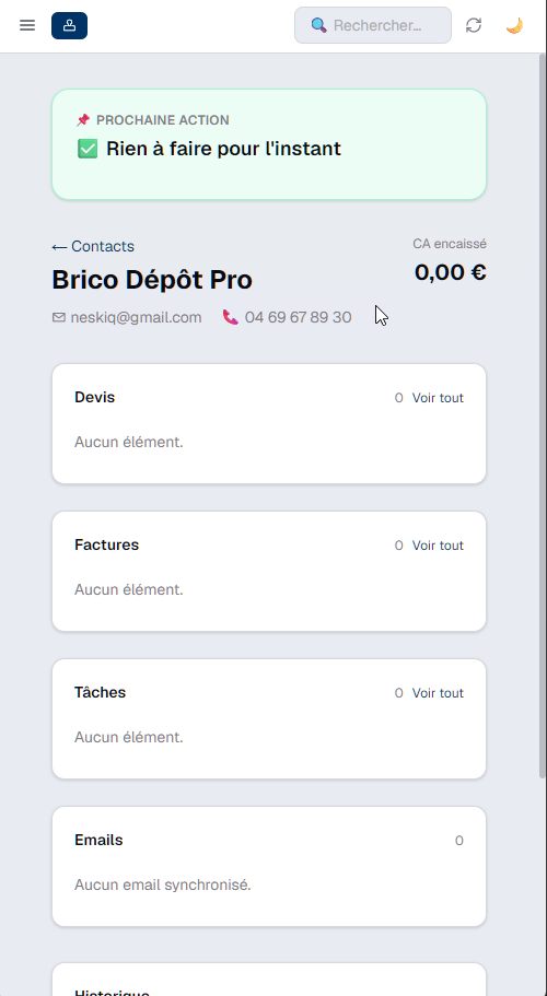 Fiche client sur mobile